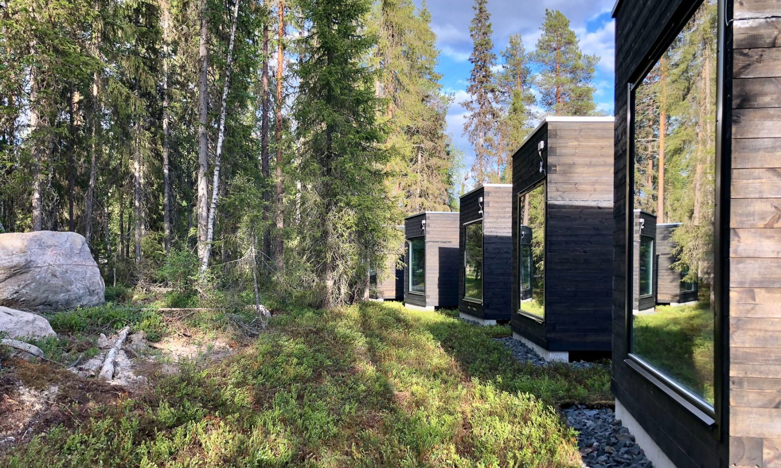 Accommodation, Panorama huts, outside, summer / Arctic Circle Wilderness Resort, Wild Nordic Finland @wildnordicfinland