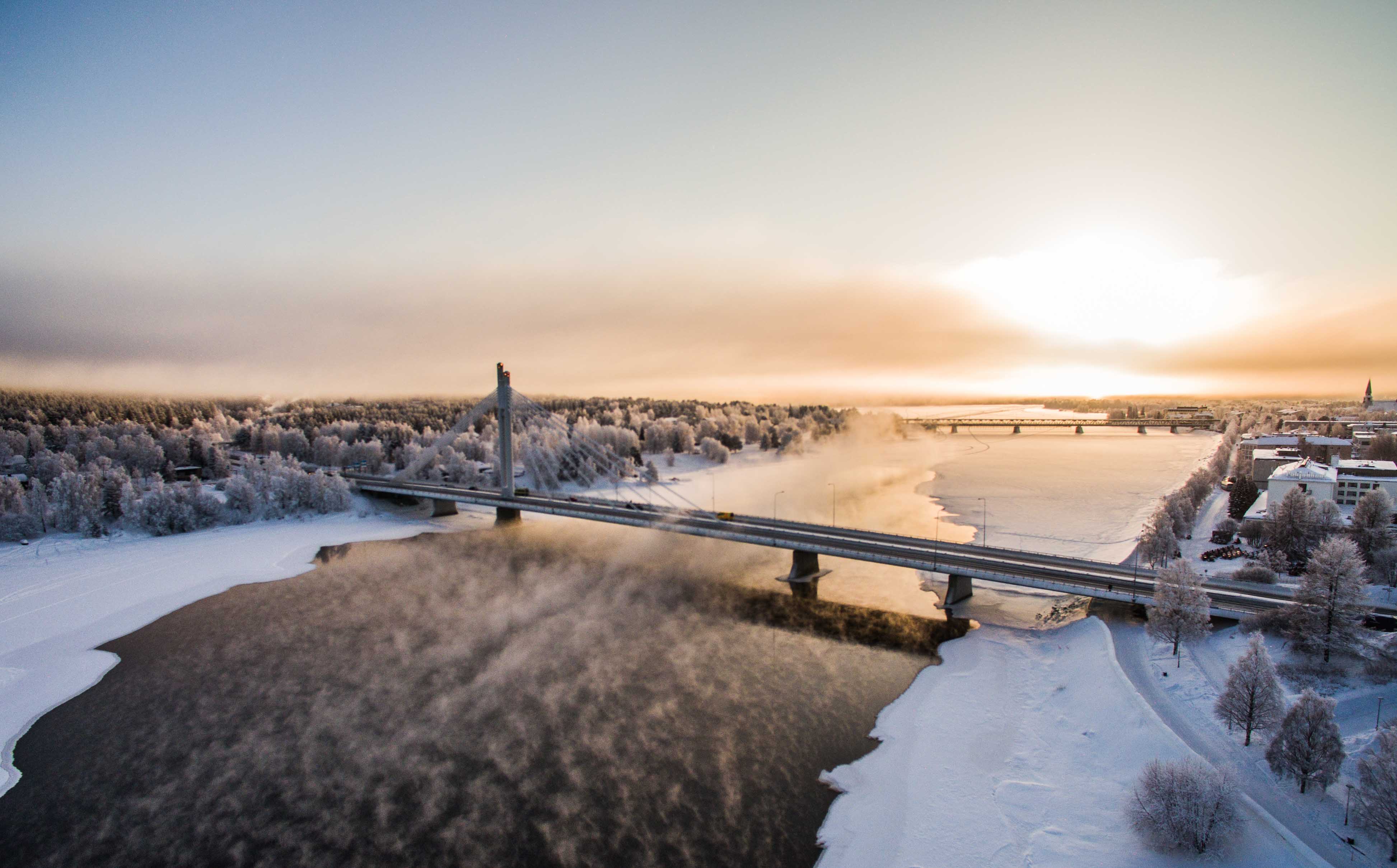 Drone-view of Jätkänkynttilä, Lumberjack Bridge in Rovaniemi frosty winter morning
