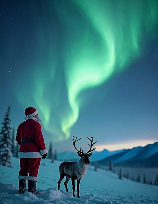 Santa Claus and a reindeer looking at the Northern Lights