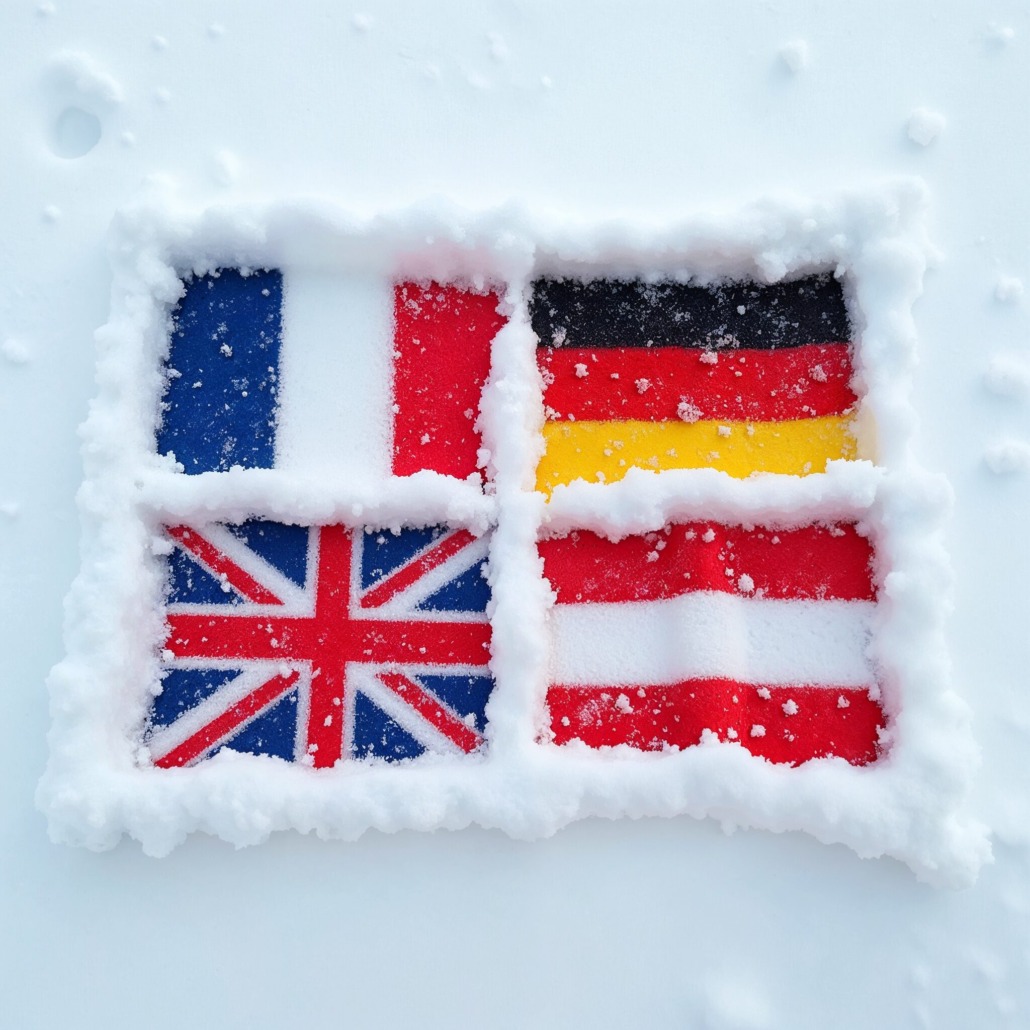 Flags of France, the United Kingdom, Germany and Austria made in the snow